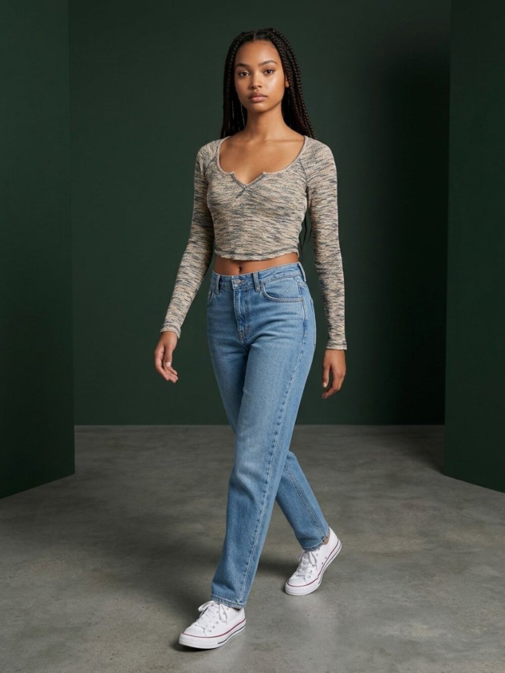 Urban Outfitters Ribbed Notched Crop Top Marled Beige Black Small Petite - Picture 2 of 16